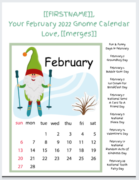 2022 Personalized Monthly Gnome Calendar - Fun Mail For Kids